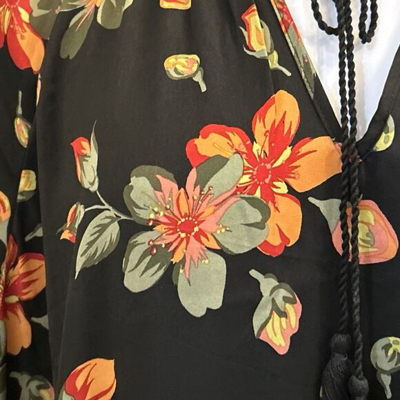 Terra & Sky Black Red Floral Maxi Dress Plus Size 5X 3/4 Sleeve Keyhole Tie Neck - Picture 10 of 16